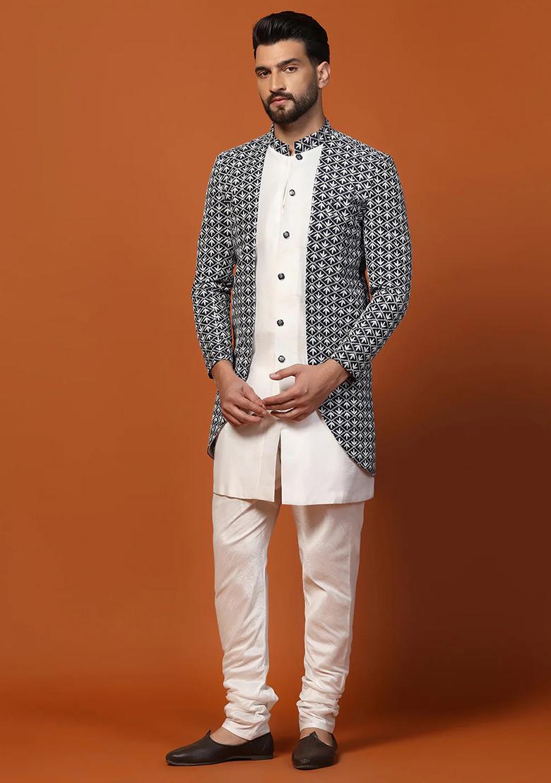 Blue And White Printed Banarasi Silk Sherwani Set For Men