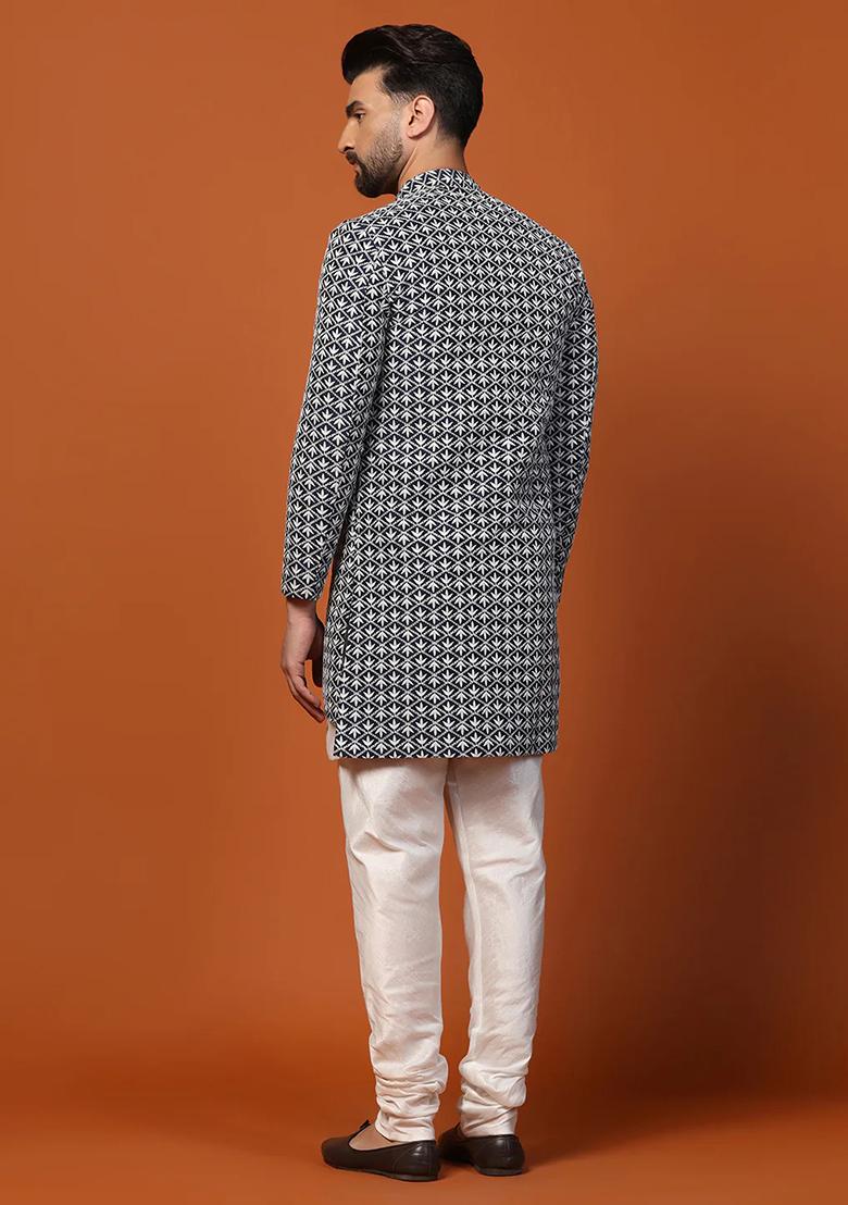 Blue And White Printed Banarasi Silk Sherwani Set For Men