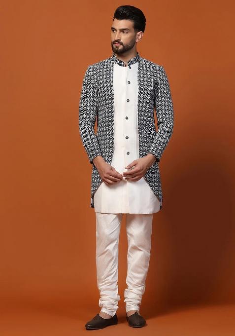 Blue And White Printed Banarasi Silk Sherwani Set For Men