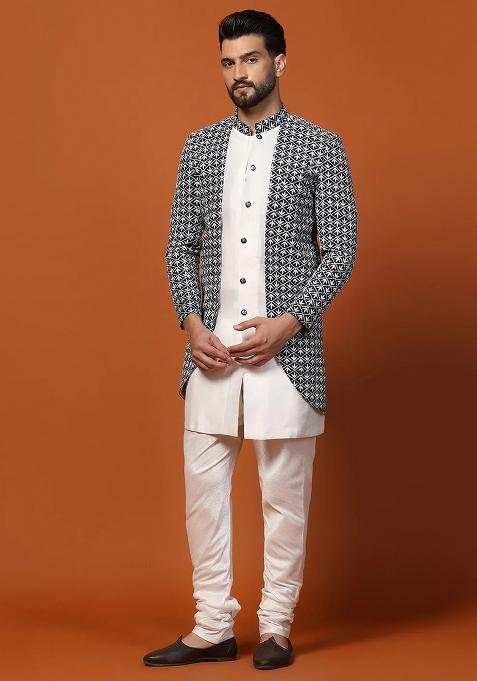 Blue And White Printed Banarasi Silk Sherwani Set For Men