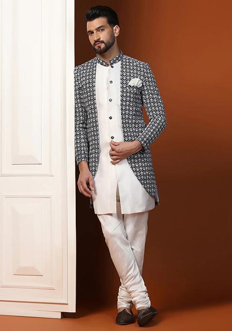 Blue And White Printed Banarasi Silk Sherwani Set For Men