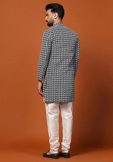 Blue And White Printed Banarasi Silk Sherwani Set For Men