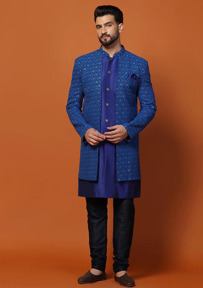 Blue Printed Banarasi Silk Sherwani Set For Men