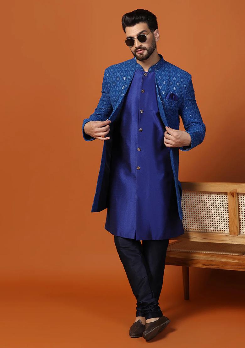 Blue Printed Banarasi Silk Sherwani Set For Men