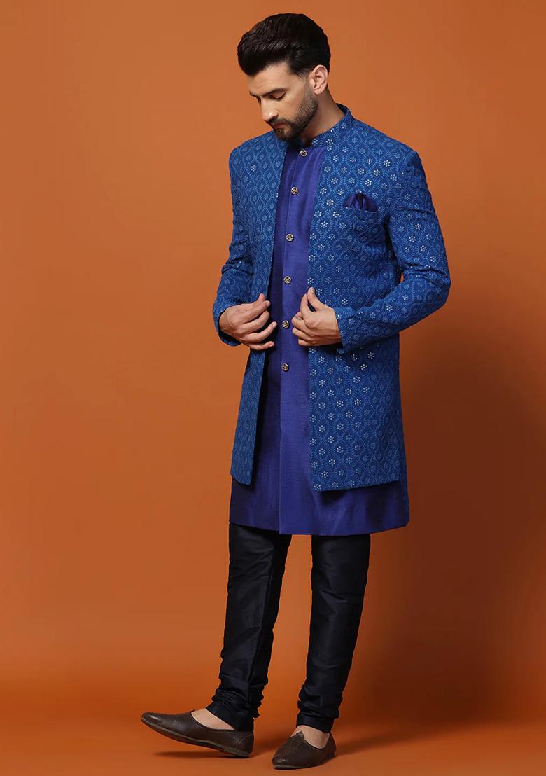 Blue Printed Banarasi Silk Sherwani Set For Men