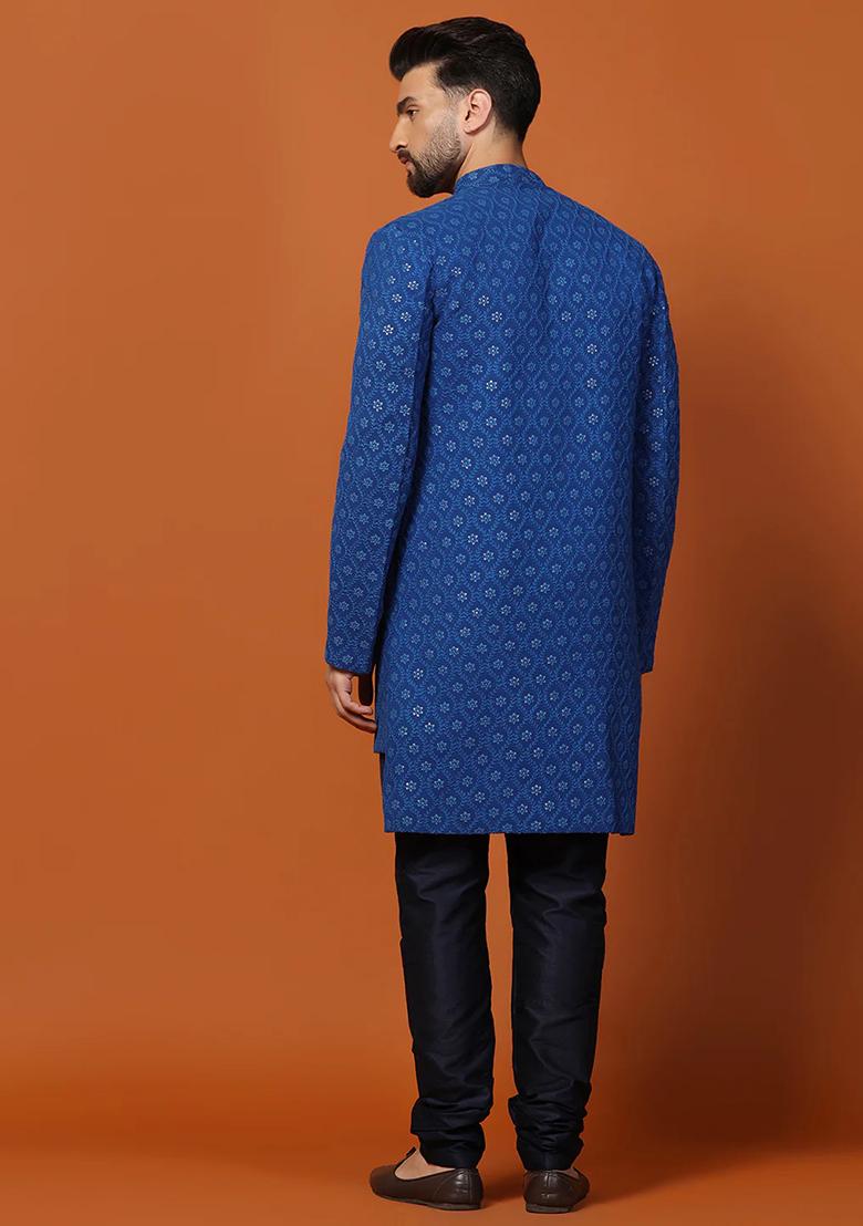 Blue Printed Banarasi Silk Sherwani Set For Men