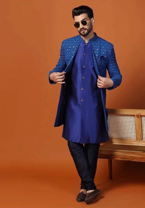Blue Printed Banarasi Silk Sherwani Set For Men