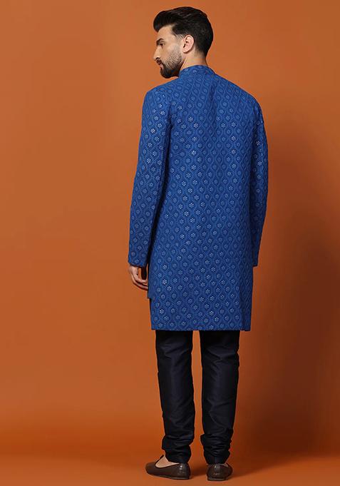 Blue Printed Banarasi Silk Sherwani Set For Men