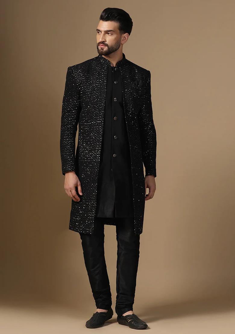 Black Printed Banarasi Silk Sherwani Set For Men