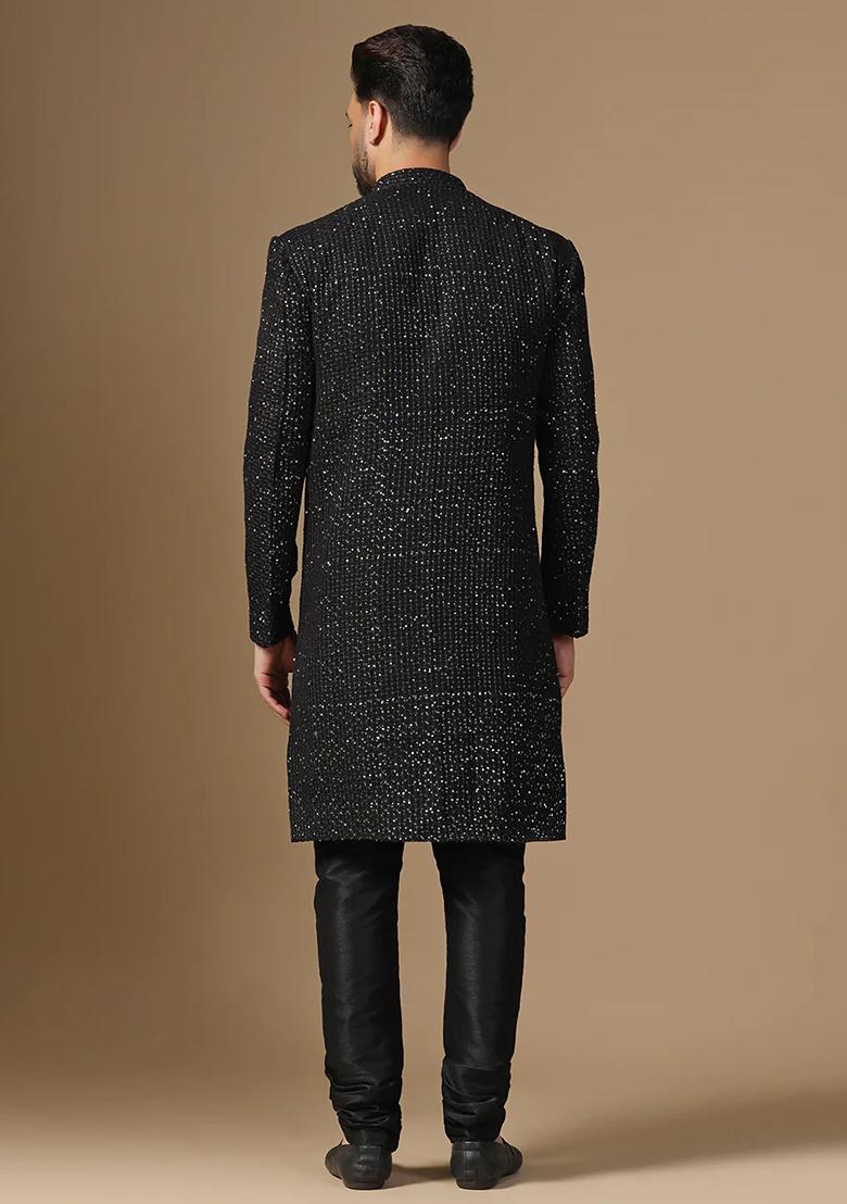 Black Printed Banarasi Silk Sherwani Set For Men