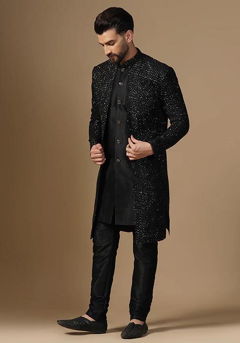 Black Printed Banarasi Silk Sherwani Set For Men