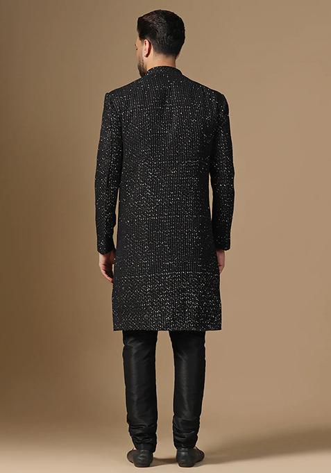 Black Printed Banarasi Silk Sherwani Set For Men