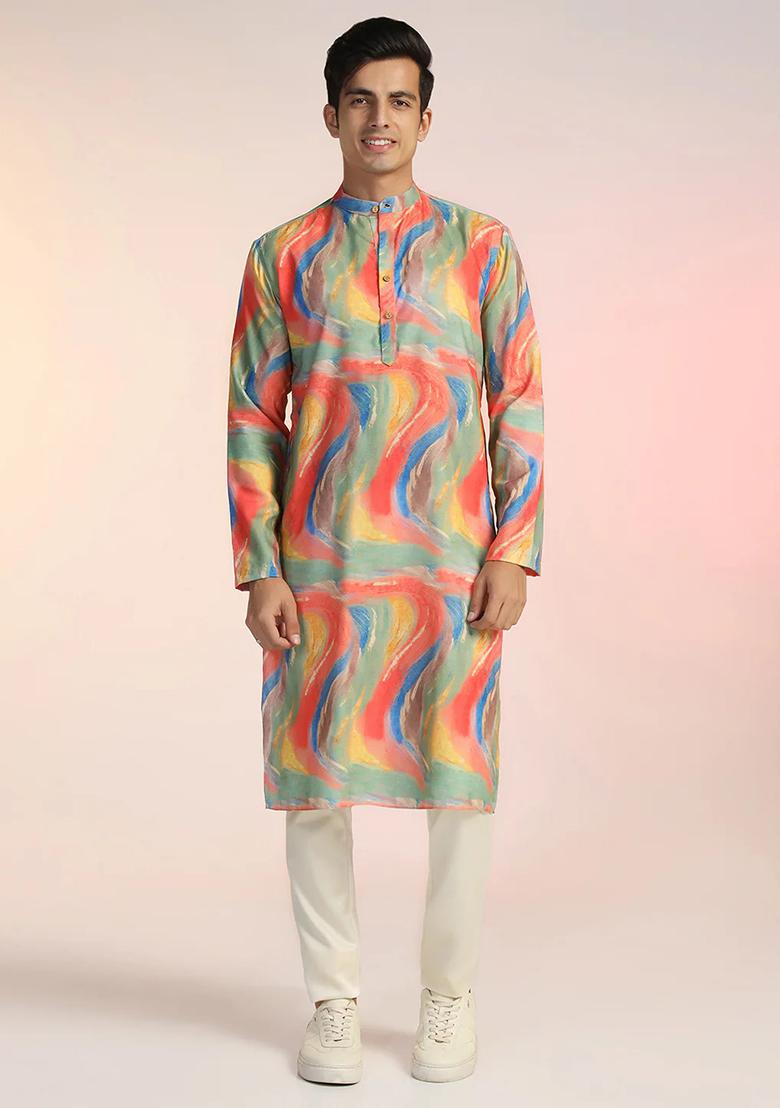 Multicolor Abstract Rayon Kurta For Men