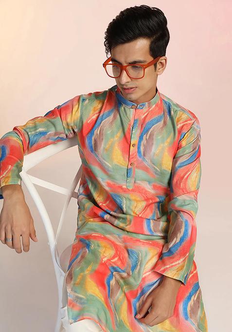 Multicolor Abstract Rayon Kurta For Men