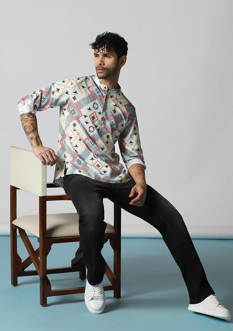 Multicolor Printed Cotton Blend Kurta For Men