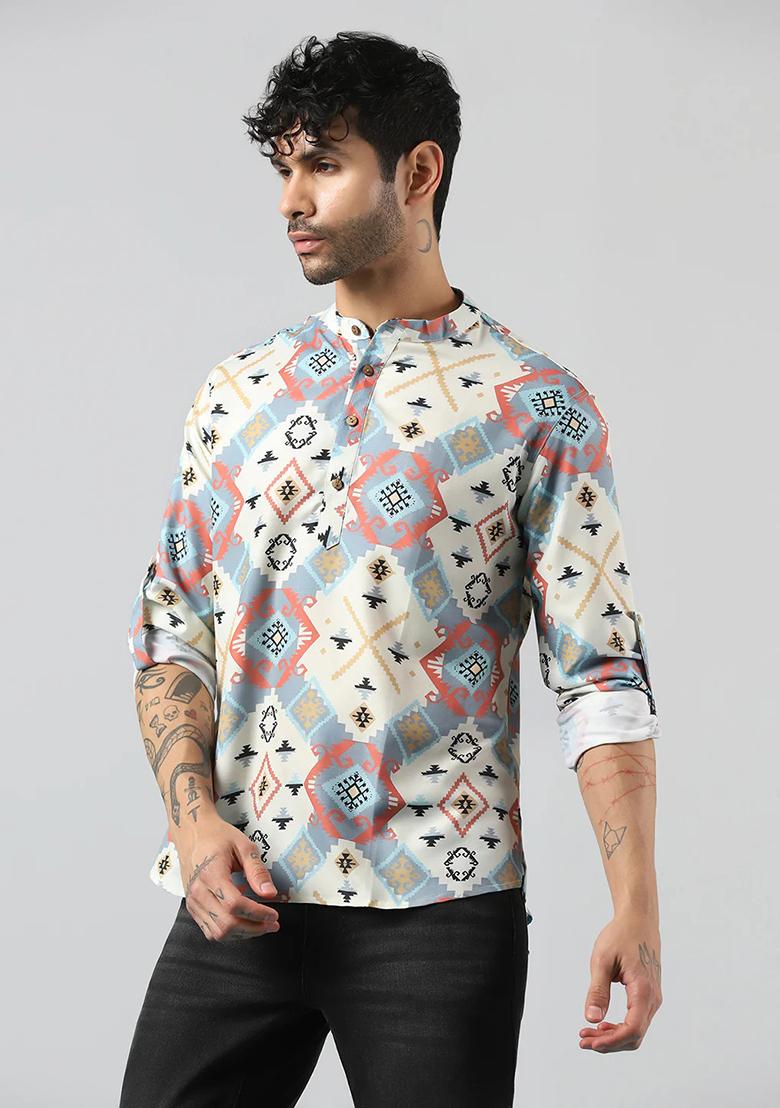Multicolor Printed Cotton Blend Kurta For Men