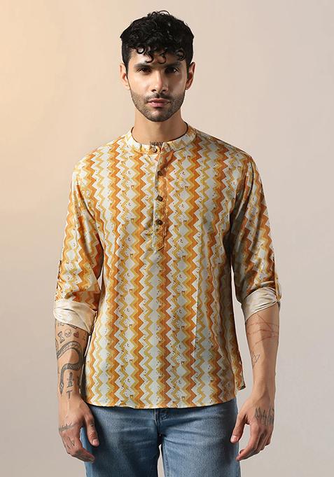 Orange Geometric Cotton Blend Kurta For Men