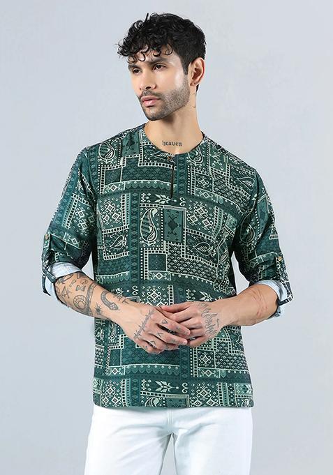 Green Printed Cotton Blend Kurta For Men