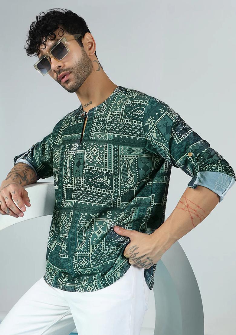 Green Printed Cotton Blend Kurta For Men