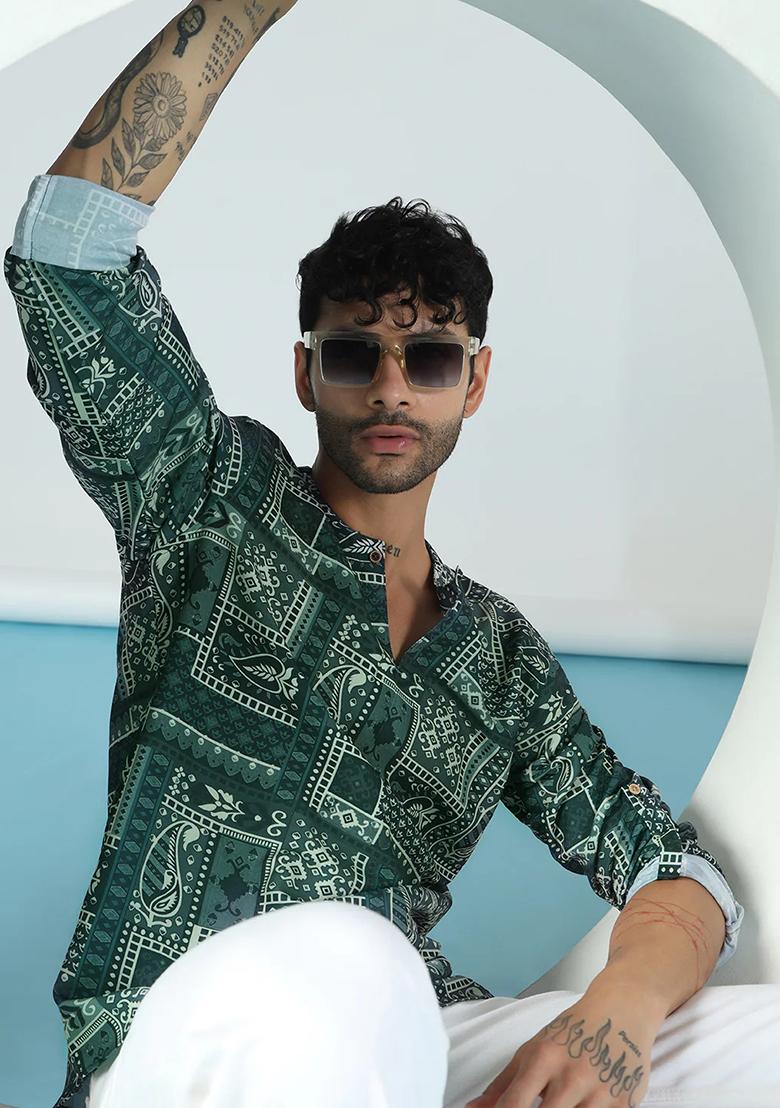 Green Printed Cotton Blend Kurta For Men