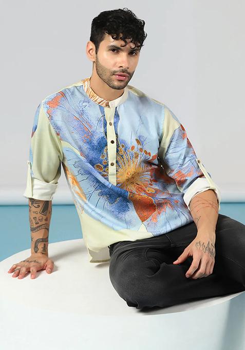 Multi Floral Printed Cotton Blend Kurta For Men