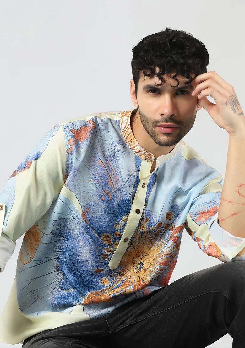 Multi Floral Printed Cotton Blend Kurta For Men
