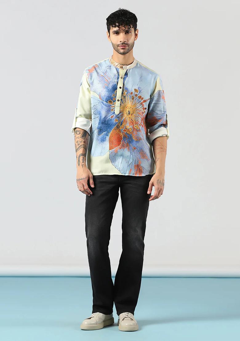 Multi Floral Printed Cotton Blend Kurta For Men