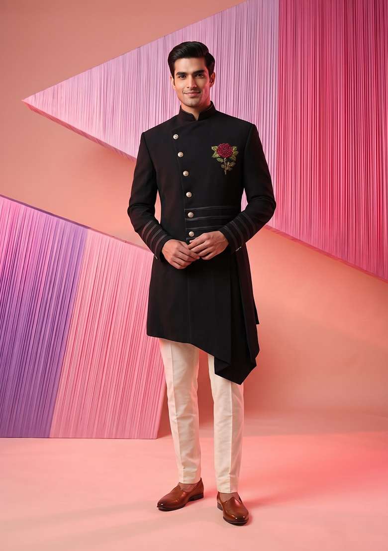 Black Embroidery Suiting Indo Western For Men - Indya