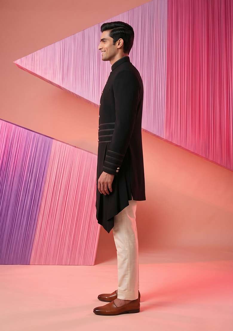 Black Embroidery Suiting Indo Western For Men - Indya