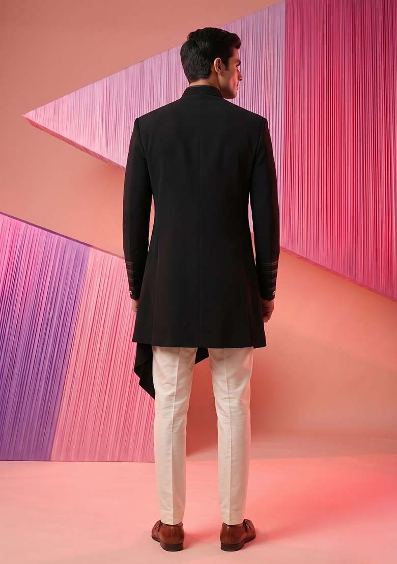 Black Embroidery Suiting Indo Western For Men - Indya