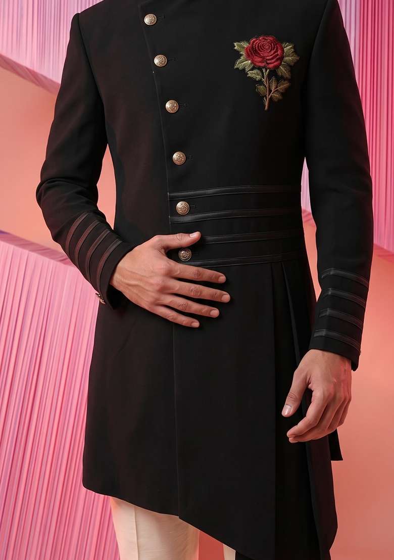 Black Embroidery Suiting Indo Western For Men - Indya