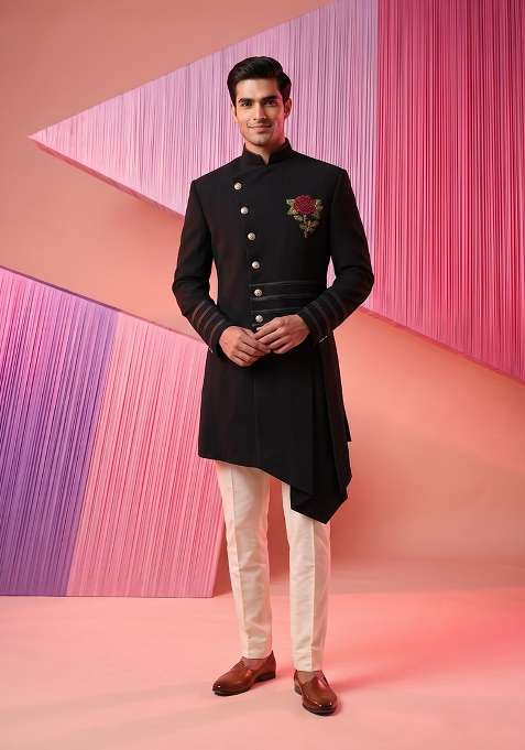 Black Embroidery Suiting Indo Western For Men