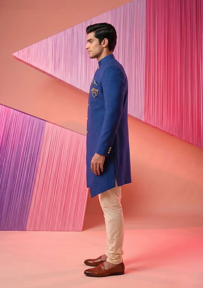 Blue Embroidery Suiting Indo Western For Men - Indya