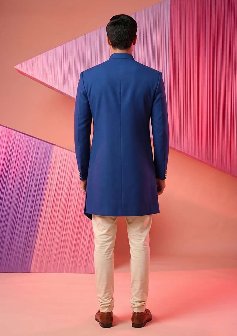 Blue Embroidery Suiting Indo Western For Men - Indya