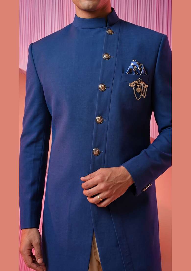 Blue Embroidery Suiting Indo Western For Men - Indya