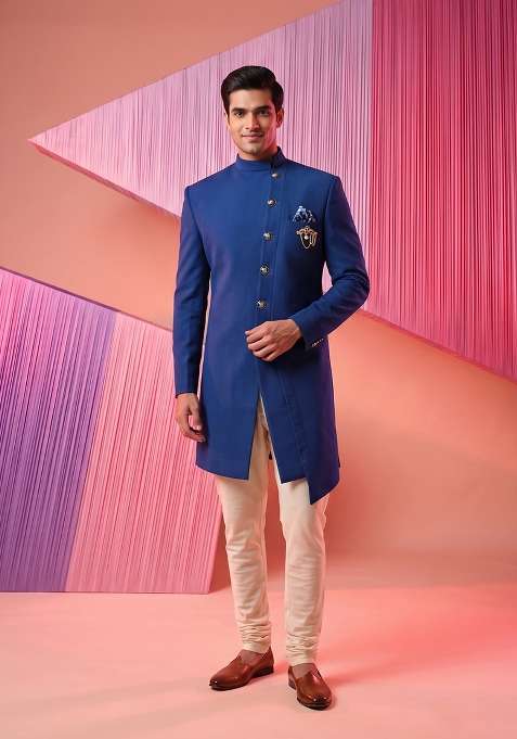 Blue Embroidery Suiting Indo Western For Men