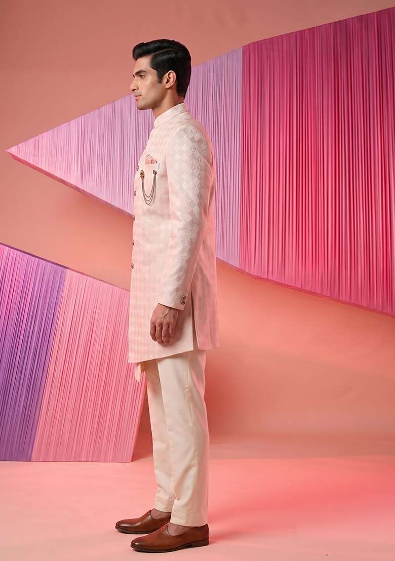 Pink Embroidery Silk Indo Western For Men - Indya