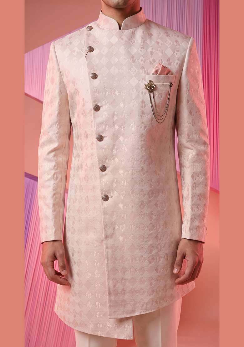 Pink Embroidery Silk Indo Western For Men - Indya