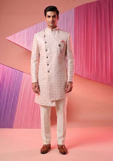 Pink Embroidery Silk Indo Western For Men