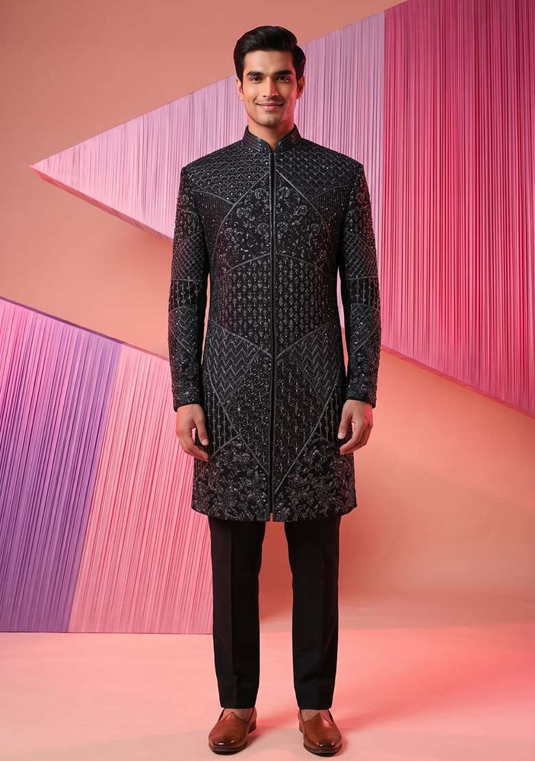 Black Embroidery Suiting Indo Western For Men - Indya