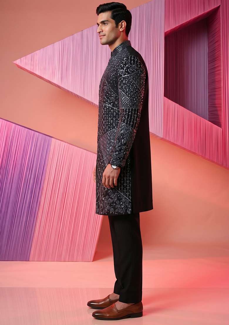 Black Embroidery Suiting Indo Western For Men - Indya