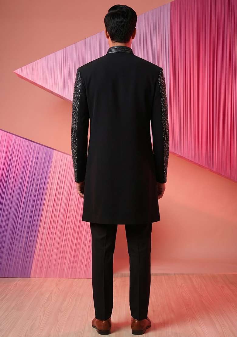 Black Embroidery Suiting Indo Western For Men - Indya