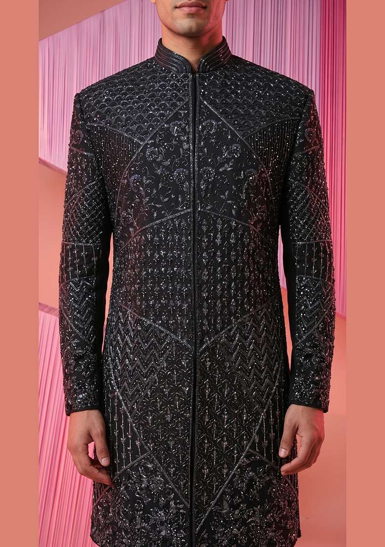 Black Embroidery Suiting Indo Western For Men - Indya