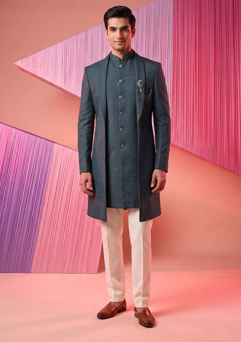 Green Teal Embroidery Suiting Indo Western For Men - Indya