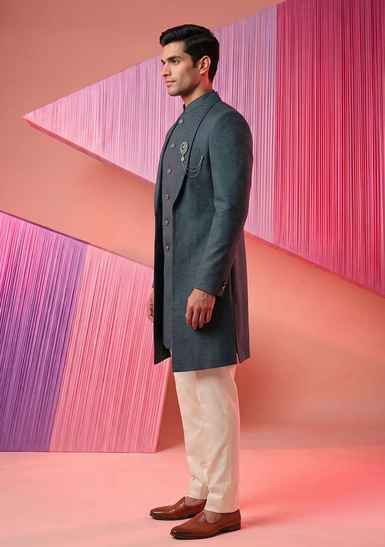 Green Teal Embroidery Suiting Indo Western For Men - Indya