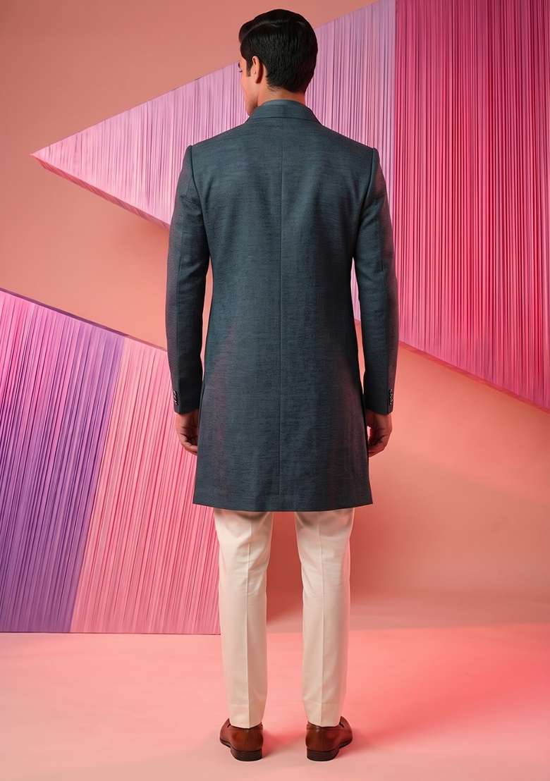 Green Teal Embroidery Suiting Indo Western For Men - Indya