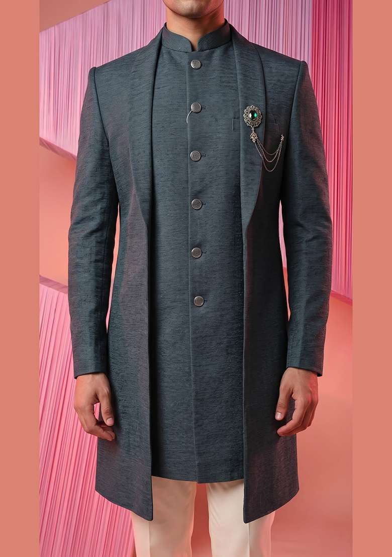 Green Teal Embroidery Suiting Indo Western For Men - Indya