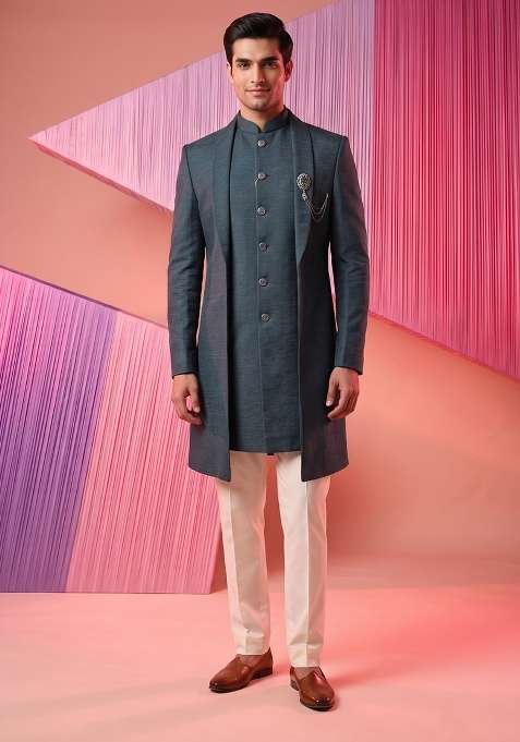 Green Teal Embroidery Suiting Indo Western For Men