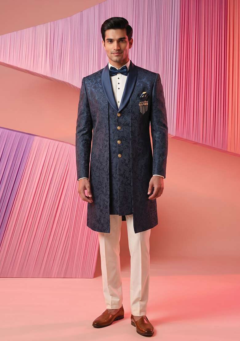 Navy Blue Thread Work Silk Indo Western For Men - Indya