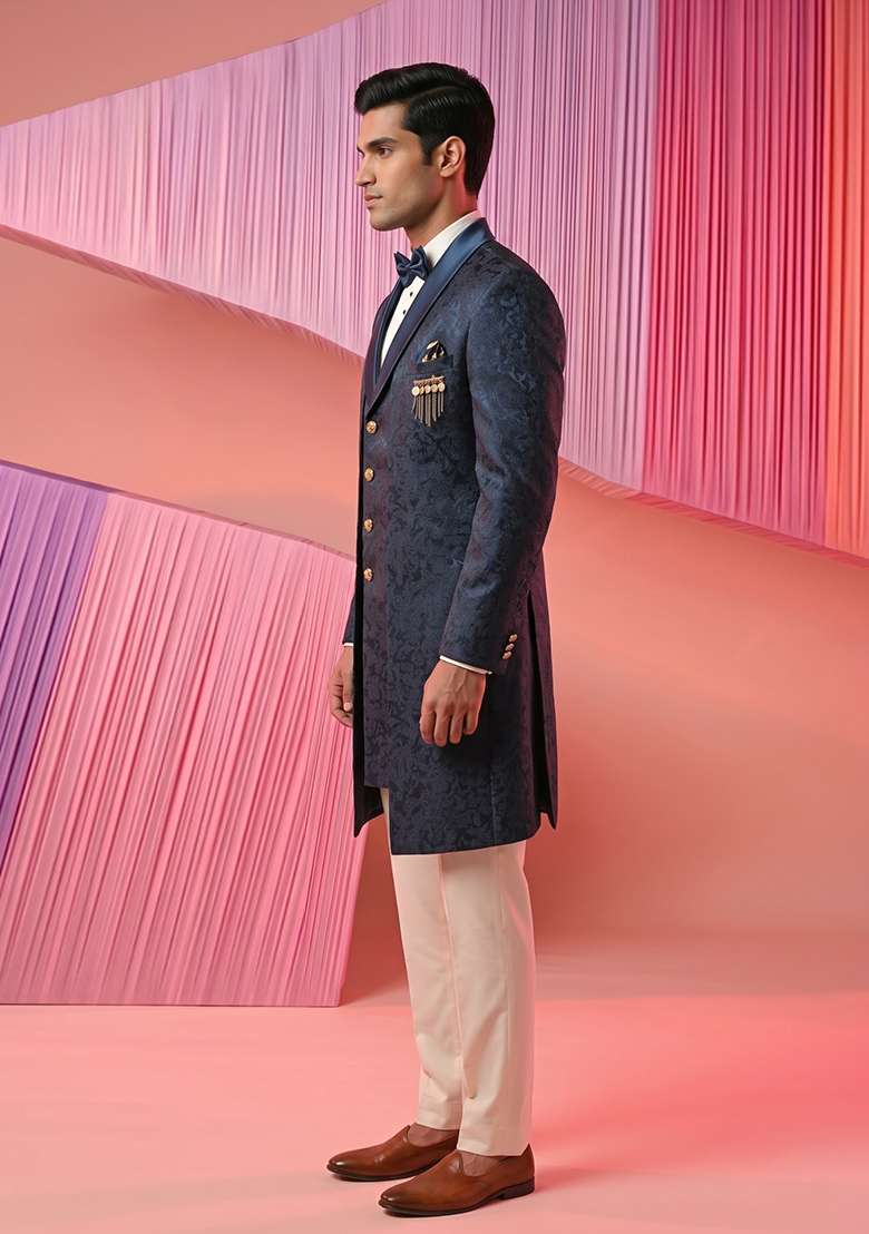 Navy Blue Thread Work Silk Indo Western For Men - Indya